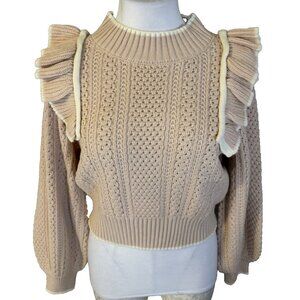 Mable Women's Sweater S Pink Cream Ruffle Trim Cable Knit